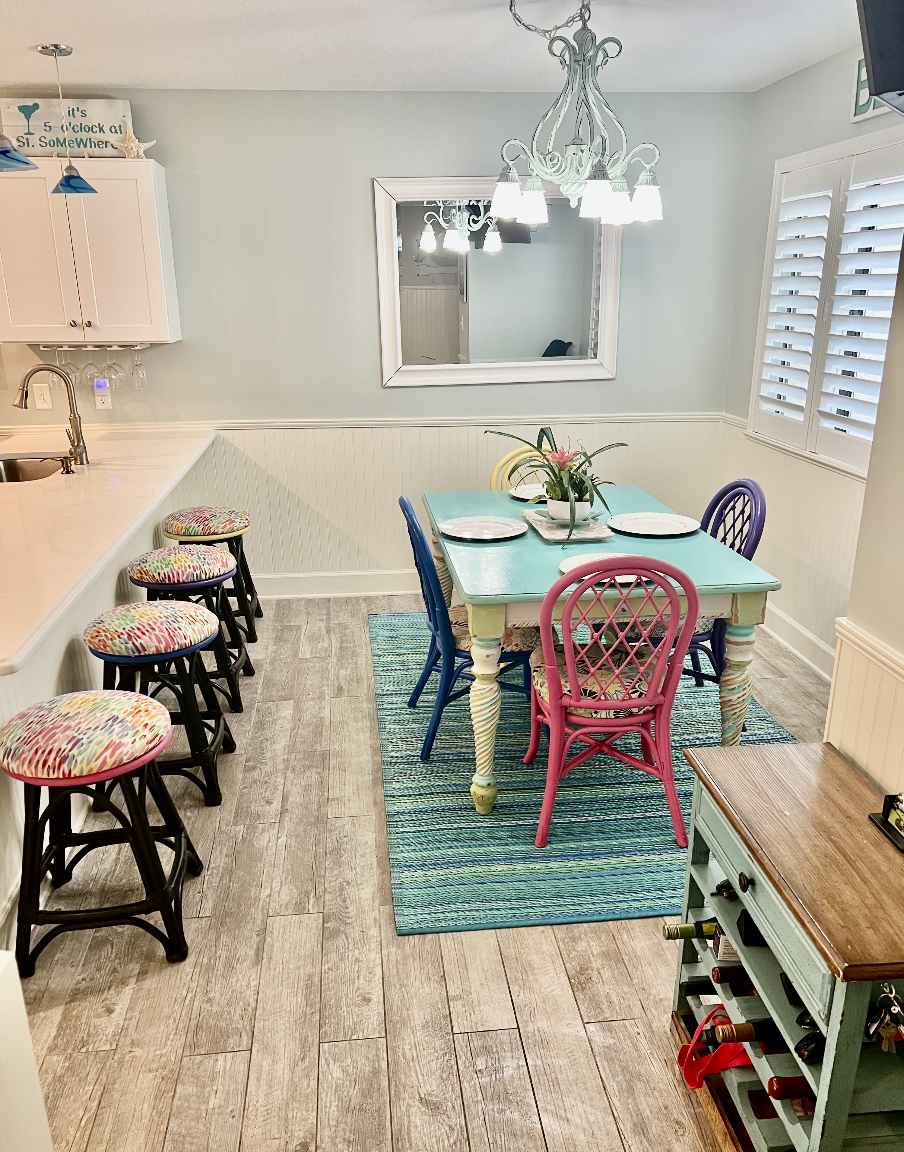 Colorful kitchen easily seats 8 